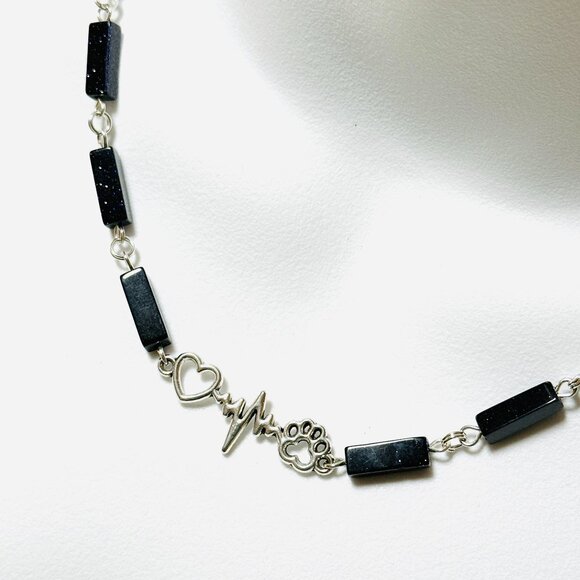 Dark Blue Goldstone Short Necklace w/ Silver Paw Print Heart Beat Charm - Picture 1 of 14